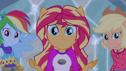 Size: 640x360 | Tagged: safe, screencap, applejack, rainbow dash, sunset shimmer, pony, equestria girls, g4, my little pony equestria girls: legend of everfree, animated, camp fashion show outfit, female, gif, ponied up
