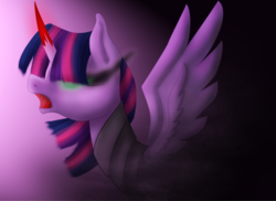 Size: 3000x2189 | Tagged: safe, artist:kurausuki, artist:towarzyszx, twilight sparkle, alicorn, pony, g4, bevor, colored horn, corrupted, corrupted twilight sparkle, croupiere, curved horn, female, flanchards, gardequeue, gorget, high res, horn, peytral, saddle, solo, sombra eyes, sombra horn, spread wings, tack, twilight sparkle (alicorn), wings