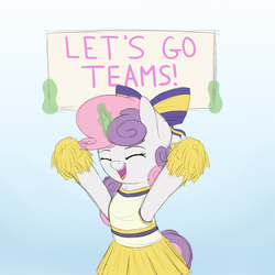 Size: 2000x2000 | Tagged: safe, artist:vanillaghosties, sweetie belle, g4, cheerleader, cheerleader outfit, cute, diasweetes, eyes closed, female, glowing horn, high res, horn, pom pom, sign, solo, sweetie belle's magic brings a great big smile