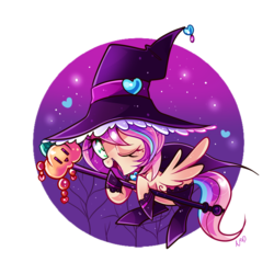 Size: 1200x1200 | Tagged: safe, artist:ipun, oc, oc only, oc:sweet skies, pegasus, pony, blushing, female, flying, hat, heart, heart eyes, jack-o-lantern, mare, night, one eye closed, open mouth, pumpkin, simple background, smiling, solo, spread wings, staff, stars, transparent background, wingding eyes, witch hat