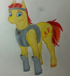 Size: 2146x2330 | Tagged: safe, artist:blastradiuss, oc, oc only, oc:ruby ray, ponyfinder, armor, boots, cleric, dungeons and dragons, high res, pen and paper rpg, rpg, solo, traditional art, unshorn fetlocks