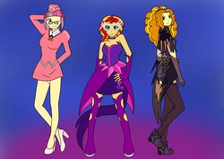 Size: 1754x1240 | Tagged: safe, artist:linedraweer, adagio dazzle, sour sweet, sunset shimmer, equestria girls, g4, boots, clothes, commission, costume, crossover, dress, glasses, halloween, halloween costume, hat, high heels, mercy, midnight sparkle, nurse, overwatch, panties, shoes, skirt, skirt lift, stockings, underwear, upskirt, white underwear