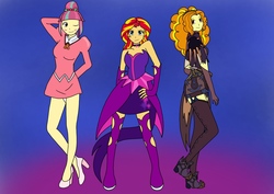 Size: 1754x1240 | Tagged: safe, artist:linedraweer, adagio dazzle, sour sweet, sunset shimmer, equestria girls, g4, boots, clothes, commission, costume, crossover, dress, halloween, halloween costume, hat, high heels, mercy, midnight sparkle, nurse, overwatch, panties, ponytail, shoes, skirt, stockings, underwear, upskirt, white underwear