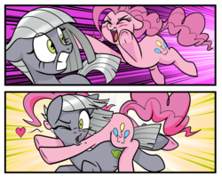 Size: 1280x1021 | Tagged: safe, artist:pencils, limestone pie, pinkie pie, earth pony, pony, comic:anon's pie adventure, g4, blushing, comic, cropped, duo, eyes closed, female, glomp, heart, hug, incoming hug, mare, one eye closed, open mouth, sisters, surprised, tackle, underhoof, wide eyes
