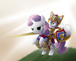 Size: 2246x1813 | Tagged: safe, artist:gumandpeanuts17, sweetie belle, fox, g4, armor, crossover, male, miles "tails" prower, sonic the hedgehog (series)