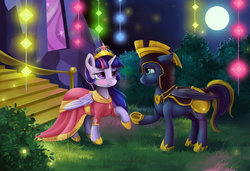 Size: 1024x702 | Tagged: safe, artist:stasushka, twilight sparkle, oc, oc:zephyr, alicorn, pony, g4, armor, big crown thingy, canon x oc, clothes, dress, duo, female, helmet, jewelry, male, moon, regalia, shipping, straight, twilight sparkle (alicorn), twiphyr