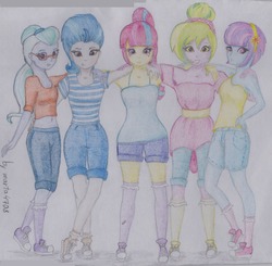 Size: 1200x1176 | Tagged: safe, artist:marta4708, indigo zap, lemon zest, sour sweet, sugarcoat, sunny flare, equestria girls, g4, my little pony equestria girls: friendship games, clothes, converse, kneesocks, shadow five, shoes, sneakers, socks, traditional art