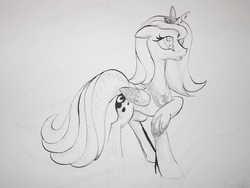 Size: 4352x3264 | Tagged: safe, artist:welkin-draws, princess luna, alicorn, pony, g4, crown, eyelashes, female, horn, jewelry, mare, monochrome, open mouth, raised hoof, regalia, s1 luna, solo, traditional art, wings