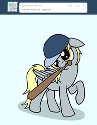 Size: 770x1000 | Tagged: safe, derpy hooves, pegasus, pony, ask a mailmare, g4, baseball bat, baseball cap, female, hat, mare, solo