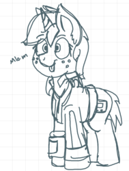 Size: 690x915 | Tagged: safe, artist:coatieyay, oc, oc only, oc:littlepip, pony, unicorn, fallout equestria, black and white, clothes, cutie mark, fanfic, fanfic art, female, freckles, graph paper, grayscale, hooves, horn, jumpsuit, lined paper, mare, mlem, monochrome, pipbuck, raspberry, simple background, sketch, solo, tongue out, vault suit, white background