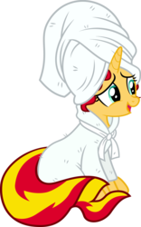 Size: 3746x6000 | Tagged: safe, artist:slb94, sunset shimmer, pony, unicorn, g4, bathrobe, clothes, female, open mouth, robe, simple background, sitting, solo, towel, transparent background, vector