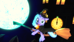 Size: 1920x1080 | Tagged: safe, artist:powdan, princess luna, g4, 3d, broom, clock, female, filly, flying, flying broomstick, full moon, hat, looking at you, moon, night, open mouth, smiling, solo, witch hat, woona, younger