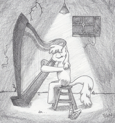 Size: 1608x1720 | Tagged: safe, artist:arctic-lux, berry punch, berryshine, g4, anatomically incorrect, bottle, female, harp, incorrect leg anatomy, monochrome, musical instrument, solo, traditional art