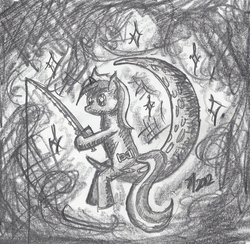 Size: 1370x1336 | Tagged: safe, artist:arctic-lux, minuette, pony, unicorn, g4, dreamworks, female, fishing rod, grayscale, monochrome, moon, solo, tangible heavenly object, traditional art