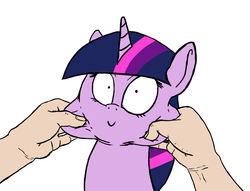 Size: 1000x762 | Tagged: safe, artist:slamjam, twilight sparkle, human, g4, :>, cheek pinch, face pull, faic, hand, looking at you, offscreen character, pinch, simple background, smiling, squishy cheeks, stretchy, this will end in tears and/or death, white background, wide eyes