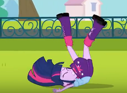 Size: 494x364 | Tagged: safe, screencap, twilight sparkle, equestria girls, g4, boots, clothes, cropped, falling, female, fence, magic skirt, pleated skirt, skirt, solo, tree, twilight sparkle (alicorn)