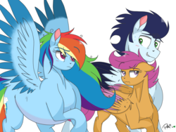 Size: 2048x1536 | Tagged: safe, artist:pimpartist101, rainbow dash, scootaloo, soarin', pony, g4, adopted offspring, colored wings, colored wingtips, male, parent:rainbow dash, parent:soarin', parents:soarindash, preggo dash, pregnant, scootadoption, ship:soarindash, shipping, small head, straight, the dashies