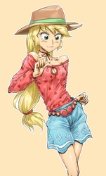 Size: 663x1100 | Tagged: safe, artist:invisibleone11, applejack, equestria girls, g4, my little pony equestria girls: legend of everfree, boob window, breasts, camp fashion show outfit, choker, cleavage, clothes, cowboy hat, cute, female, hat, jackabetes, off shoulder, simple background, solo, yellow background