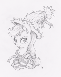Size: 790x1000 | Tagged: safe, artist:dfectivedvice, applejack, g4, bandana, chest fluff, clothes, ear fluff, female, grayscale, hat, monochrome, prone, rope, socks, solo, striped socks, traditional art