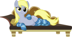 Size: 3000x1565 | Tagged: safe, artist:doctor-g, derpy hooves, pegasus, pony, g4, clothes, couch, draw me like one of your french girls, female, food, looking at you, mare, muffin, on side, simple background, socks, solo, striped socks, transparent background