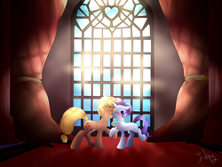 Size: 2000x1500 | Tagged: safe, artist:instanz573, applejack, rarity, g4, alternate hairstyle, blushing, curtains, eyes closed, female, heart, jewelry, kissing, lesbian, necklace, ship:rarijack, shipping, window