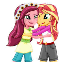 Size: 1068x937 | Tagged: safe, artist:majkashinoda626, gloriosa daisy, sunset shimmer, equestria girls, g4, my little pony equestria girls: legend of everfree, clothes, crying, cute, daisybetes, flower, flower in hair, freckles, hug, open mouth, shimmerbetes, shorts, tears of joy