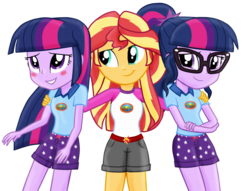 Size: 1377x1054 | Tagged: safe, artist:majkashinoda626, sci-twi, sunset shimmer, twilight sparkle, equestria girls, g4, my little pony equestria girls: legend of everfree, blushing, clothes, crossed arms, female, glasses, shorts, trio, twilight sparkle (alicorn), twolight