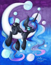 Size: 1274x1630 | Tagged: safe, artist:shelbyartist, princess luna, alicorn, pony, g4, female, mare, marker drawing, moon, prone, solo, tangible heavenly object, traditional art