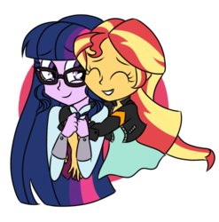 Size: 512x518 | Tagged: safe, artist:hitokage, sci-twi, sunset shimmer, twilight sparkle, equestria girls, g4, my little pony equestria girls: friendship games, female, hug, hug from behind, lesbian, ship:sci-twishimmer, ship:sunsetsparkle, shipping, simple background, smiling, transparent background