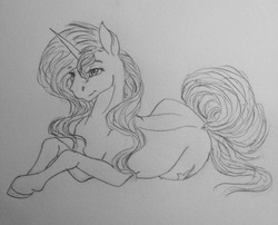 Size: 2448x1975 | Tagged: safe, artist:crazyaniknowit, sunset shimmer, pony, unicorn, g4, female, inktober, lacrimal caruncle, monochrome, prone, simple background, solo, traditional art, white background
