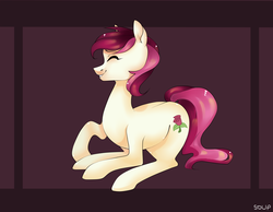 Size: 5102x3968 | Tagged: safe, artist:souppyman, roseluck, earth pony, pony, g4, absurd resolution, eyes closed, female, grin, mare, prone, smiling, solo