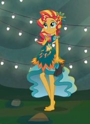 Size: 235x325 | Tagged: safe, screencap, sunset shimmer, human, equestria girls, g4, my little pony equestria girls: legend of everfree, barefoot, clothes, cropped, crystal gala, dress, feet, female, grass, legend of everfeet, picture for breezies, solo