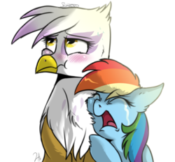 Size: 700x650 | Tagged: safe, artist:shimazun, gilda, rainbow dash, griffon, pony, g4, chest fluff, crying, duo, female, interspecies, lesbian, ship:gildash, shipping