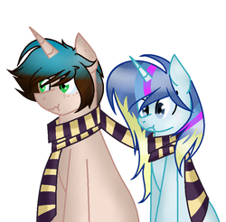 Size: 826x814 | Tagged: safe, artist:silvercarrot2016, oc, oc only, pony, clothes, duo, scarf, scrunchy face, shared clothing, shared scarf