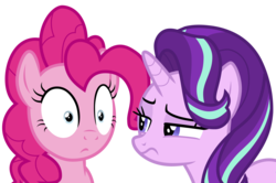 Size: 4516x3000 | Tagged: safe, artist:uponia, pinkie pie, starlight glimmer, earth pony, pony, unicorn, every little thing she does, g4, season 6, duo, fiducia compellia, frown, high res, hypnosis, hypnotized, lidded eyes, simple background, transparent background, unsure, vector, wide eyes