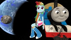 Size: 1920x1080 | Tagged: safe, rainbow dash, equestria girls, g4, 3d, boots, clothes, compression shorts, earth, gmod, moon, shirt, shirt design, sitting, skirt, space, stare, sweatband, t-shirt, thomas the tank engine, wat