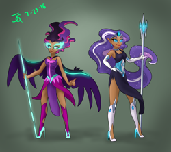 Size: 1300x1152 | Tagged: safe, artist:joan-grace, nightmare rarity, rarity, sci-twi, twilight sparkle, equestria girls, g4, breasts, cleavage, clothes, dark skin, dress, duo, female, humanized, midnight sparkle, side slit, spear, staff, weapon, winged humanization