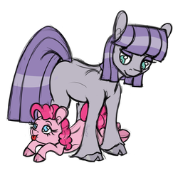 Size: 1400x1400 | Tagged: safe, artist:ramott, maud pie, pinkie pie, pony, g4, blank flank, cloven hooves, duo, filly, sisters, tongue out, unshorn fetlocks, younger