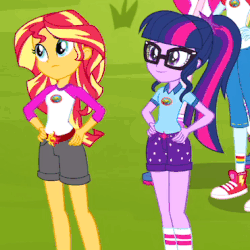 Size: 370x370 | Tagged: safe, screencap, pinkie pie, rainbow dash, sci-twi, sunset shimmer, twilight sparkle, equestria girls, g4, my little pony equestria girls: legend of everfree, animated, clothes, converse, cropped, female, gif, hand on hip, shoes, sneakers