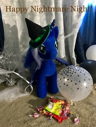 Size: 3024x4032 | Tagged: safe, princess luna, spider, g4, balloon, clothes, costume, curtains, female, halloween, hat, nightmare night, nightmare night costume, smiling, solo, spider web, witch hat