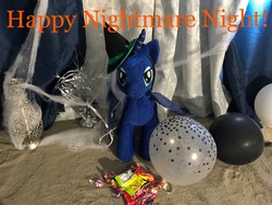 Size: 4032x3024 | Tagged: safe, princess luna, g4, balloon, build-a-bear, clothes, costume, curtains, halloween, hat, irl, nightmare night, nightmare night costume, photo, plushie, solo, spider web, witch hat