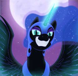Size: 527x514 | Tagged: safe, artist:brianblackberry, nightmare moon, alicorn, pony, g4, evil smile, female, grin, looking at you, magic, moon, smiling, solo, spread wings