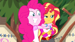 Size: 640x360 | Tagged: safe, screencap, pinkie pie, sunset shimmer, equestria girls, g4, my little pony equestria girls: legend of everfree, animated, female, gif, hug