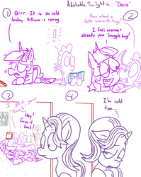 Size: 1280x1611 | Tagged: safe, artist:adorkabletwilightandfriends, spike, starlight glimmer, twilight sparkle, alicorn, dragon, pony, unicorn, comic:adorkable twilight and friends, g4, adorkable twilight, cold, comic, cute, hug, jealous, lineart, love, sad, simple background, slice of life, twilight sparkle (alicorn), warmth, white background