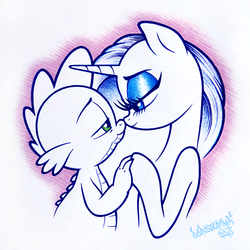 Size: 1000x1000 | Tagged: safe, artist:dubstepina, rarity, spike, g4, bedroom eyes, looking at each other, male, ship:sparity, shipping, smiling, straight