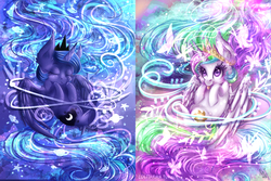 Size: 3000x2000 | Tagged: safe, artist:karmamoonshadow, princess celestia, princess luna, butterfly, g4, cewestia, color porn, cute, cutelestia, eyes closed, female, filly, filly celestia, filly luna, high res, magic, royal sisters, sleeping, spread wings, starry eyes, tongue out, wingding eyes, woona, younger