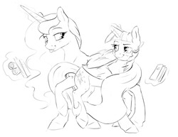 Size: 1280x989 | Tagged: safe, artist:silfoe, princess luna, twilight sparkle, alicorn, pony, other royal book, royal sketchbook, g4, bedroom eyes, black and white, blushing, female, grayscale, lesbian, looking at each other, magic, monochrome, raised eyebrow, raised hoof, seduction, ship:twiluna, shipping, simple background, sketch, smirk, tail seduce, tongue out, twilight sparkle (alicorn), walking, white background