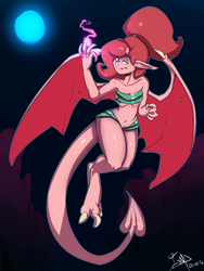 Size: 1200x1600 | Tagged: safe, artist:failprofile, oc, oc only, oc:mili, succubus, anthro, colored, ears, fire, horns, monster, night, pink, ponytail, solo, tail, wings, yellow eyes