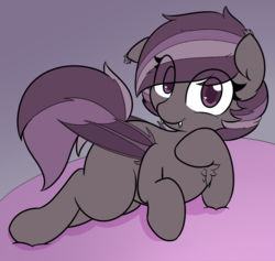 Size: 822x778 | Tagged: safe, artist:lockheart, oc, oc only, oc:iris, bat pony, pony, chest fluff, cute, female, gradient background, looking at you, prone, smiling, solo