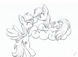 Size: 3380x2455 | Tagged: safe, artist:xeviousgreenii, rainbow dash, oc, oc:linormusicbeat, g4, backwards cutie mark, boop, cloud, high res, monochrome